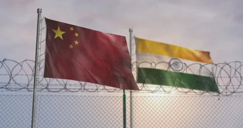 China and India waving flags with barbed wire fence Stock Footage 324951397