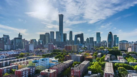 China Beijing building complex city scenery blue sky white clouds time-lapse mat Stock Footage 296077537