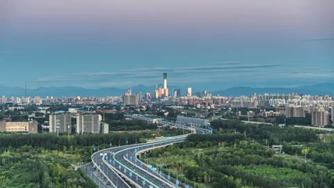 China Beijing CBD time-lapse sunrise Tongzhou traffic time-lapse sunrise Stock Footage 288245625
