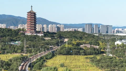 China Beijing Garden Expo Park Yongding Tower Railway Train Ancient Building Stock Footage 289470341