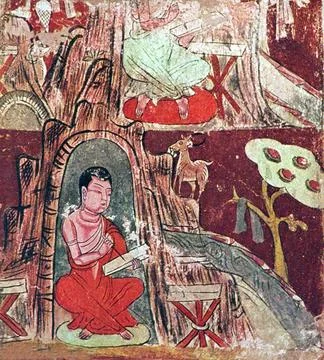  China: A Buddhist monk transcribing scriptures. Mural from the Qigexing C... Stock Photos