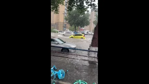 China: Car reverses through flooded road in Liaoning, China Stock Footage 340267789