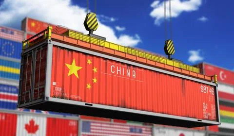 China - cargo container lifted by crane in terminal - international trade a.. Stock Illustration