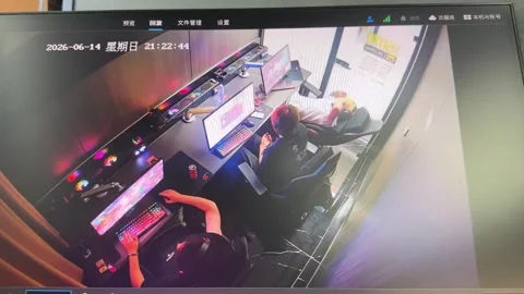 China: Chinese mans internet cafe chair springs up and sends instant noo... Stock Footage 337392405