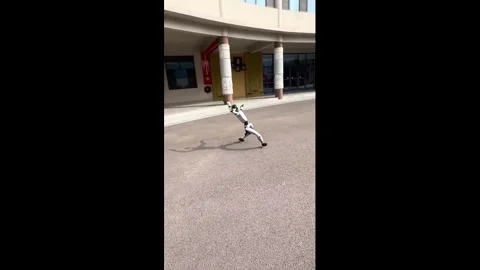 China: Dancing robot loses balance and falls on street in Shandong, China... Stock Footage 332884058