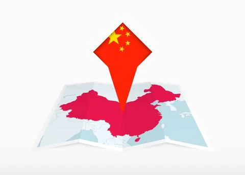 China is depicted on a folded paper map and pinned location marker with fla.. Stock Illustration