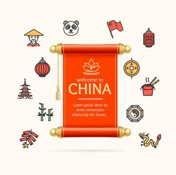 China Design Template Line Icon Concept and Paper Scroll Card. Vector Stock Illustration