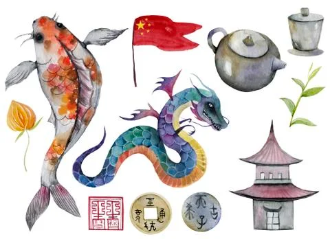 China, element, teapot, housing, flashlight, red, bamboo, carp, fish, gold, vase Stock Illustration