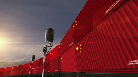China export containers on cargo train wagons loop Stock Footage 276507724