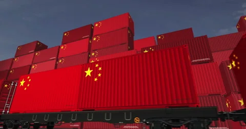 China export containers on cargo train wagons loop Stock Footage 276595358