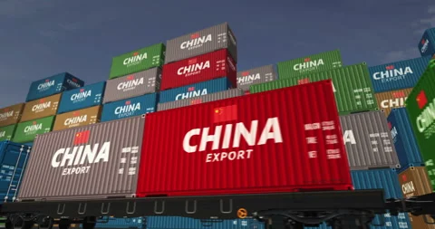 China export containers on cargo train wagons loop Stock Footage 316231564