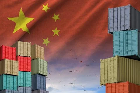 China flag and big stack of shipping cargo containers in docks with sky イラスト素材