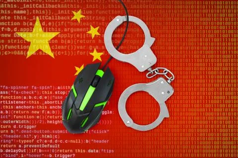 China flag  and handcuffed computer mouse. Combating computer crime, hackers  Stock-Fotos