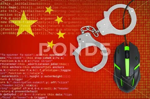 China flag and handcuffed computer mouse. Combating computer crime, hackers Stock Photos