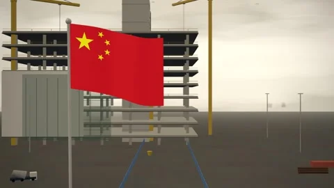 China Flag Flying Over Construction Site Tower Cranes seamless loop 스톡 동영상 344701427