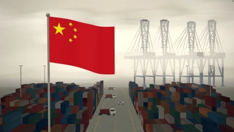 China Flag Flying Over A Container Port Terminal In Morning Haze Stockbeeldmateriaal 344474956