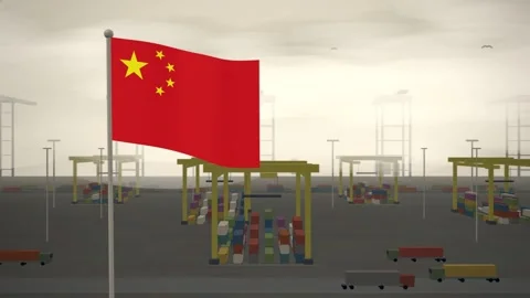 China Flag Flying Over Container Terminal Stacking Yard seamless loop Stock-Footage 344781983
