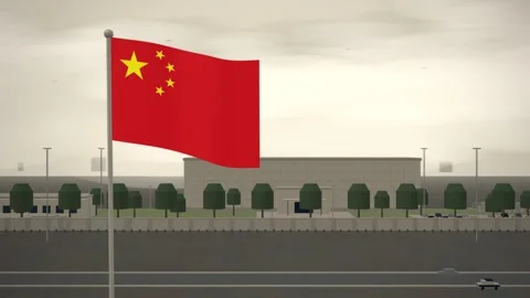 China Flag Flying Over Embassy Compound Perimeter Wall seamless loop Stock Footage 345135007