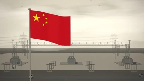 China Flag Flying Over High Voltage Electrical Substation seamless loop Vídeo Stock 344786475