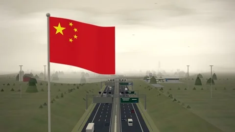 China Flag Flying Over Interstate Highway Rural Traffic seamless loop 스톡 동영상 344703255