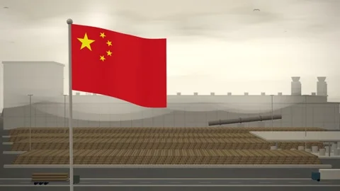 China Flag Flying Over Paper Mill Log Yard seamless loop Stock Footage 345380286