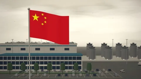 China Flag Flying Over Pharmaceutical Plant Tank Farm seamless loop 스톡 동영상 344784137