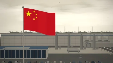 China Flag Flying Over Semiconductor Fabrication Plant Cleanroom seamless loop Stock Footage 344782265