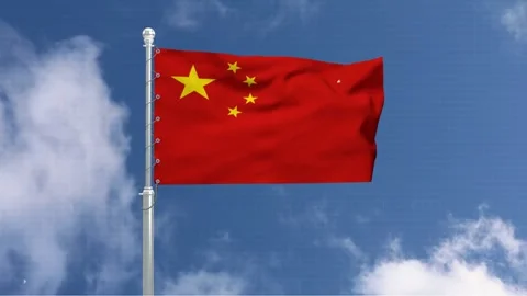 China flag flying in wind on flagpole against blue sky background with soft.. Stockbeeldmateriaal 342075461