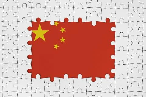 China flag in frame of white puzzle pieces with missing central part Stock Photos