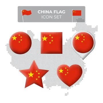 China flag icons set in the shape of square, heart, circle, stars, map marker Stock Illustration