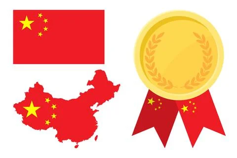 China flag with map and gold medal in set for web and banners or app and game Stock Illustration
