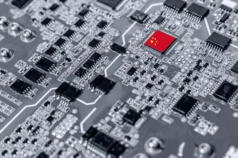 China flag on a processor, CPU Central processing Unit or GPU on motherboard. Stock Photos