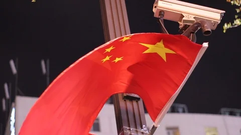 China Flag, Surveillance Camera, Night Shot, 1080p Stock Footage