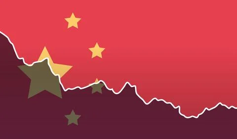 China flag trade war tariffs war economic decline falling stock market graph red Stock Illustration