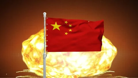 China flag waving gracefully in front of a giant glowing golden explosion c.. Видео 341868508