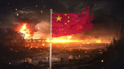 China flag waving in war is torn Stock Footage 346006650