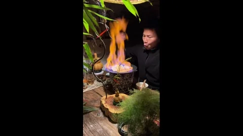 China: Flambe attempt goes wrong as fried tofu catches fire in Henan, Chi... Stock Footage 324373508