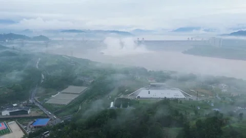 China: Flood Released From The Three Gorges Dam at Sunset in Yichang Stock Footage 280451996