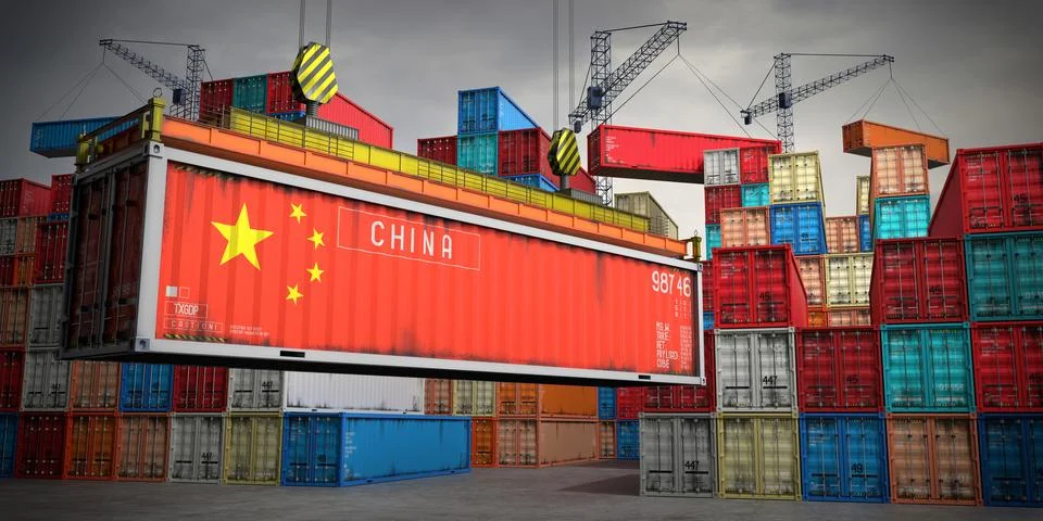 China - freight container in cargo terminal - 3D illustration Stock Illustration