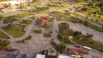 China Gate at International Bazaar, Freeport Bahamas Aerial View Stock Footage 86052693