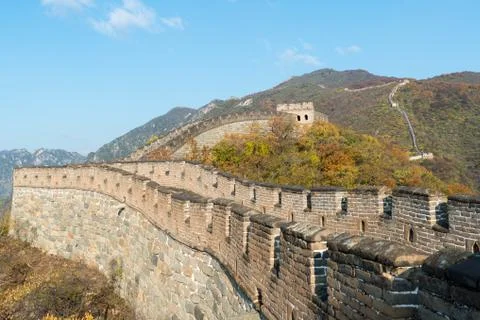 China The great wall distant view compressed towers and wall segments autumn  Stock Photos
