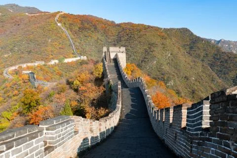 China The great wall distant view compressed towers and wall segments autumn  Stock Photos
