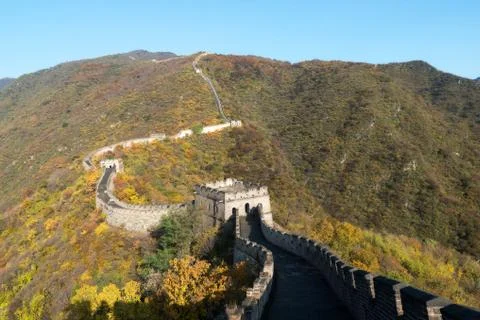 China The great wall distant view compressed towers and wall segments autumn  Stock Photos