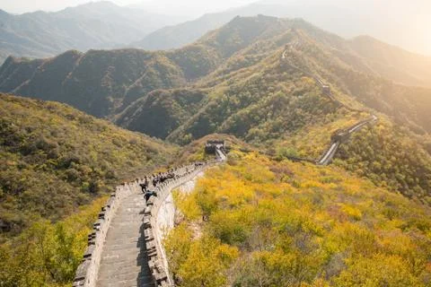 China The great wall distant view compressed towers and wall segments autumn  Stock Photos