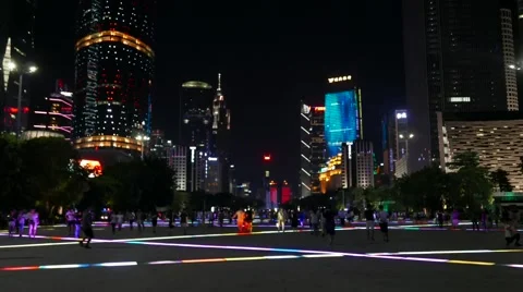 China Guangzhou time lapse Zhujiang New Town by night Stock Footage