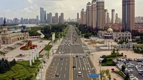 China HARBIN drone fly down city road aerial b-roll Stock Footage 160885379