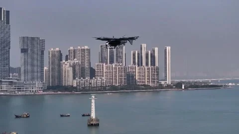 China: Logistics drones fly high in China's Greater Bay Area Stock Footage 295783452