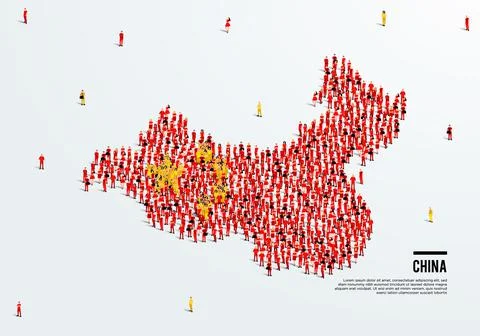 China Map and Flag. A large group of people in Chinese flag color. Stock Illustration