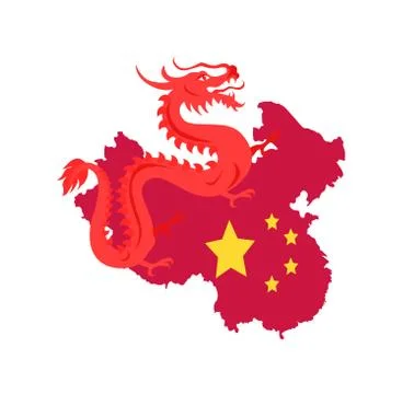 China Map with Borders and Flag, Dragon Creature Stock Illustration