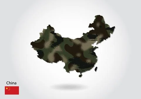 China map with camouflage pattern, Forest - green texture in map. Military co Stock Illustration